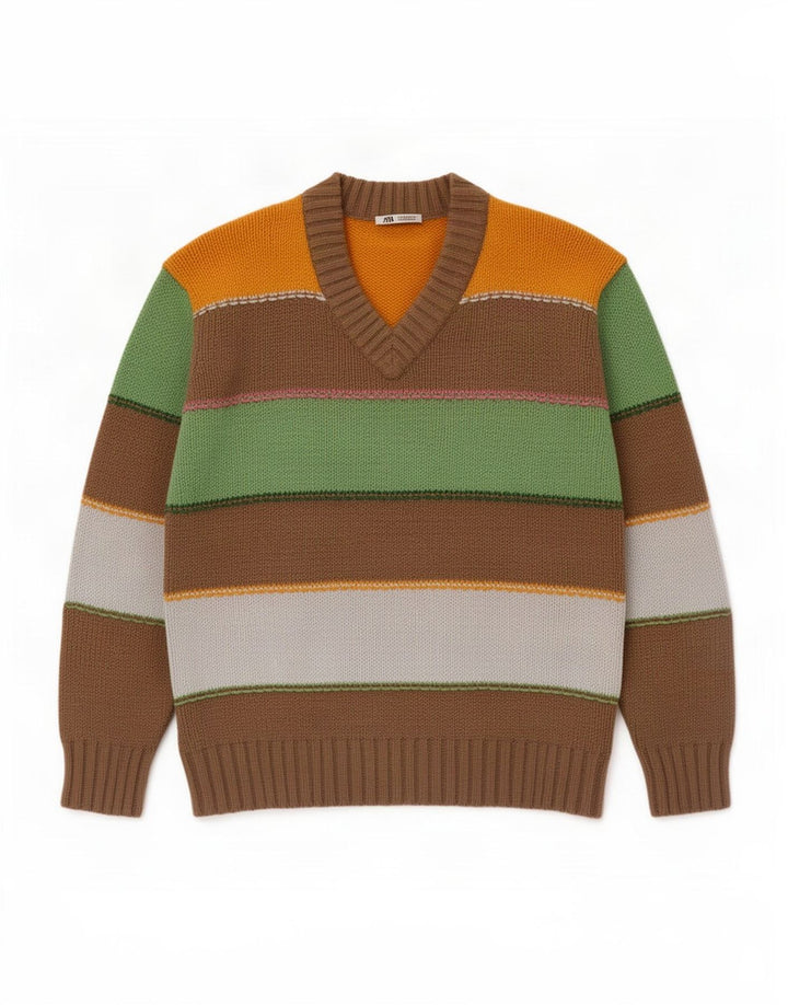 Zara Herren-Pullover mit V-Ausschnitt, mittelgroß, mehrfarbig, gestreift, Baumwolle