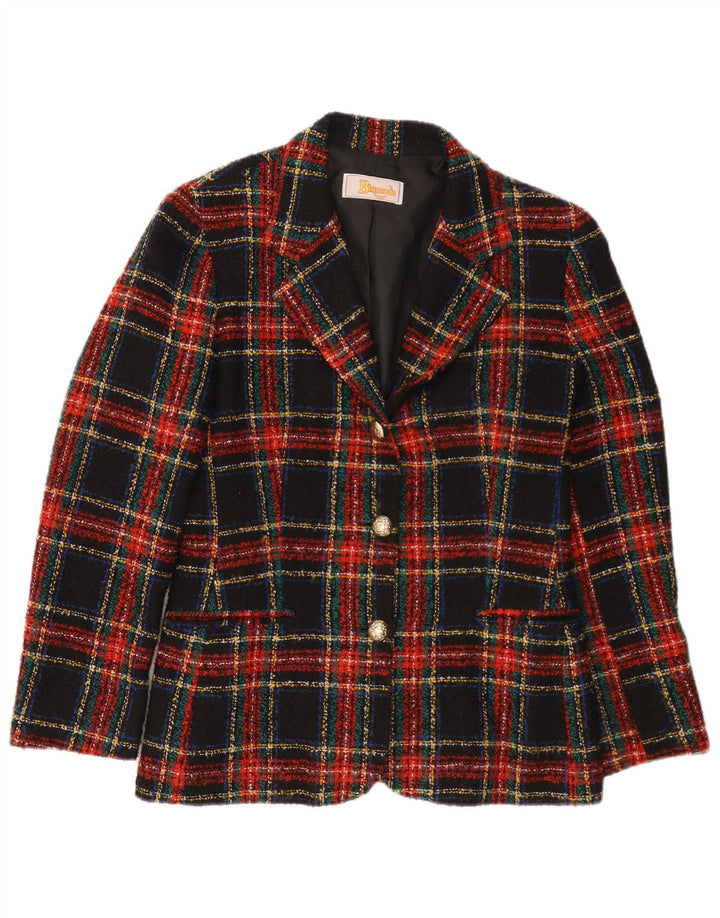Blumode Damen-Blazerjacke mit 3 Knöpfen, Gr. 8, schwarz, karierte Wolle
