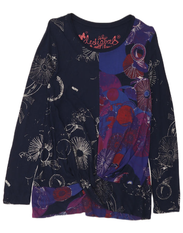 Desigual Damen Langarm-Tunika-Oberteil UK 14 Große Marineblaue Viskose mit Blumenmuster