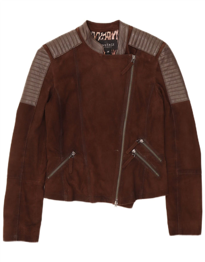 On Stage Damen-Bikerjacke aus Leder IT 38 XS Braunes Colourblock-Leder
