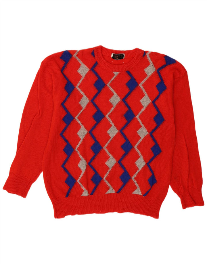Vintage Herren Pullover mit Rundhalsausschnitt, groß, rot, Argyle/Diamant
