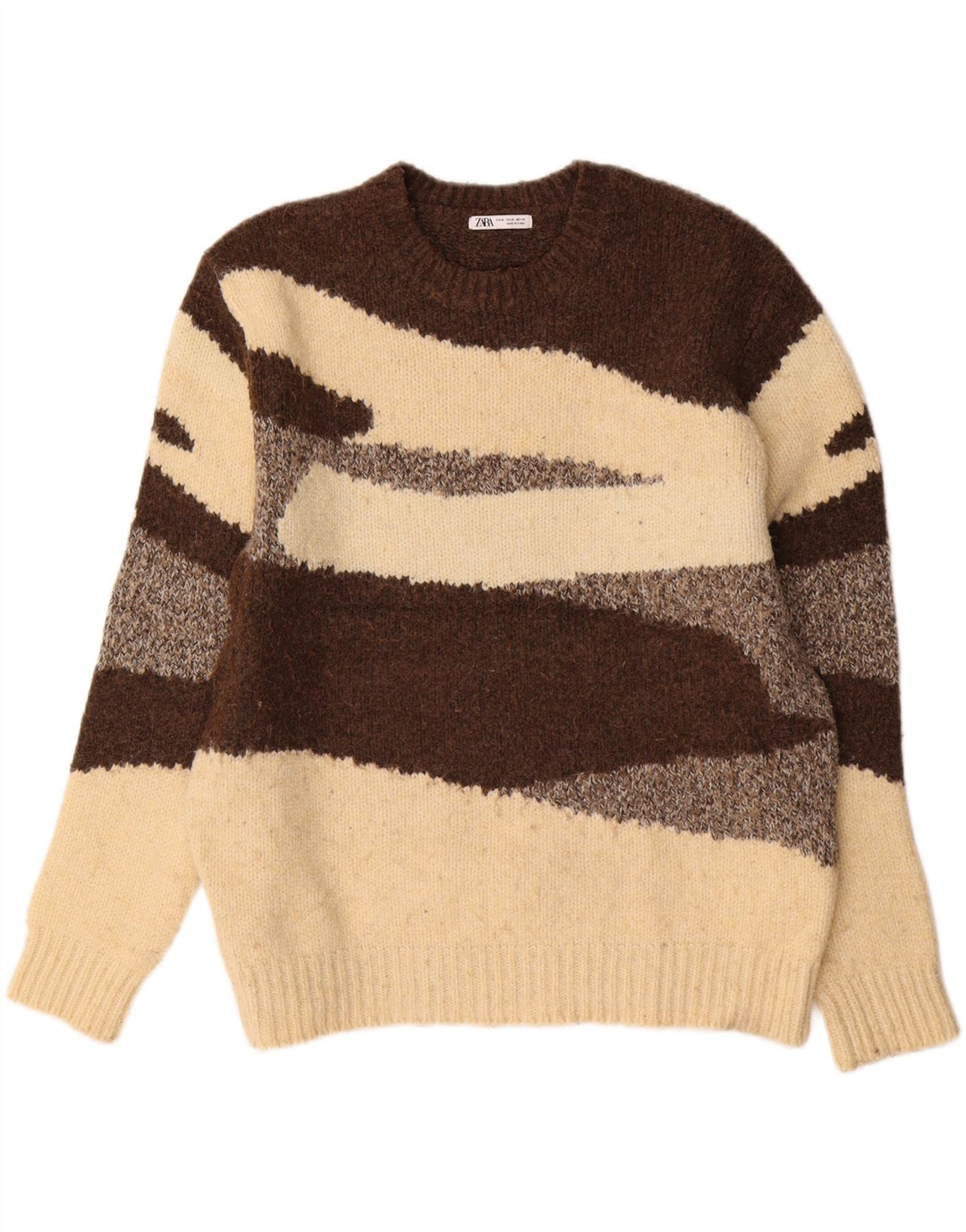 Zara Herren-Pullover mit Rundhalsausschnitt, mittelbraunes Farbblock-Polyester