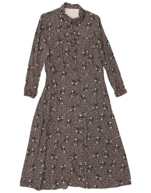 Vintage Damen Langarm-Hemdkleid UK 14 Mittelgrau geblümt
