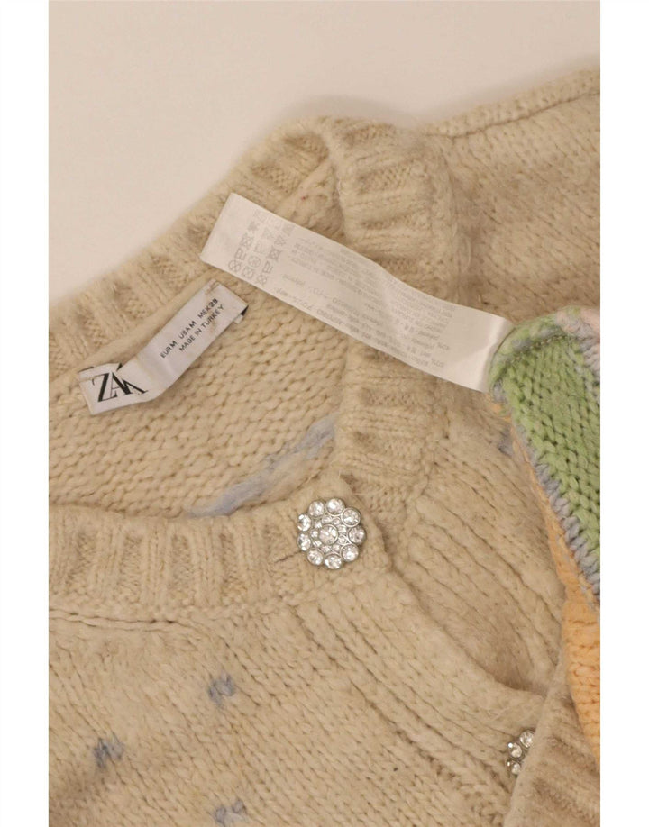 Zara Damen-Strickjacke in Übergröße, Gr. 14, Mittelbeige, geometrisches Acryl