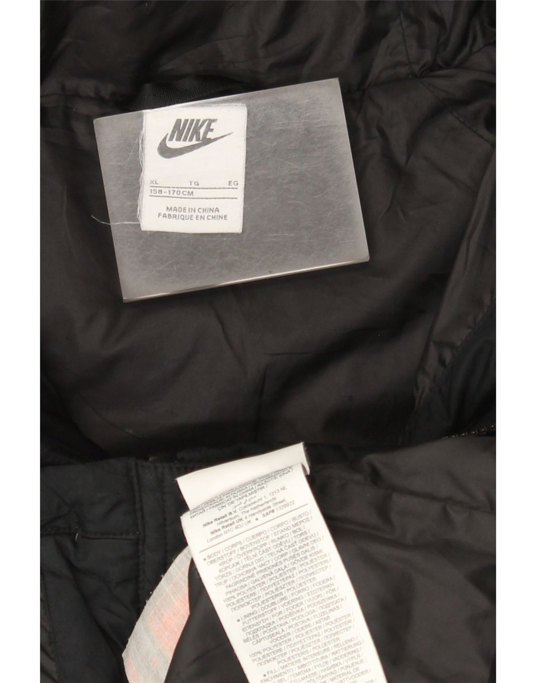 Nike Wattierte Jacke mit Kapuze für Jungen, 13–14 Jahre, XL, schwarzes Farbblock-Polyester