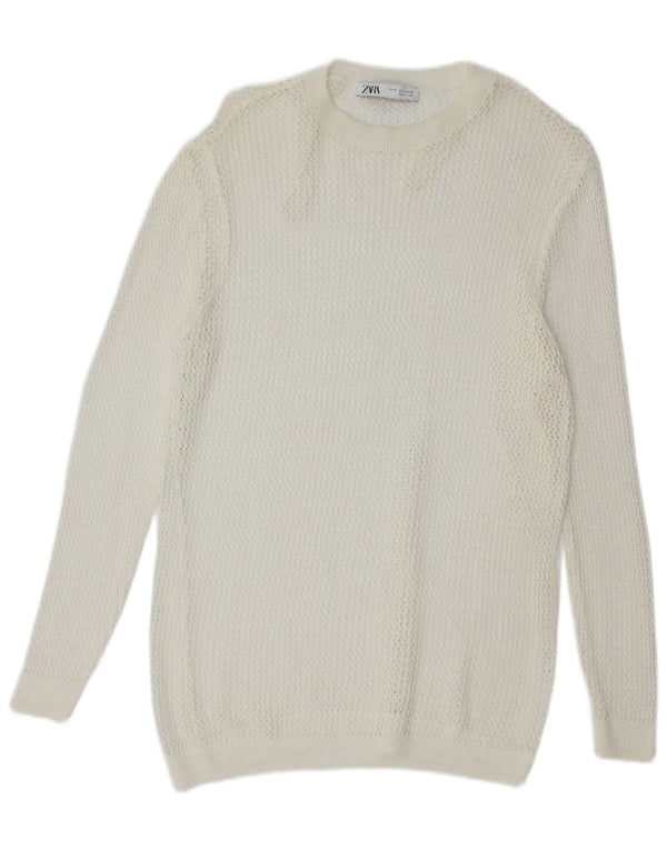 Zara Damen-Pullover, übergroß, gehäkelt, Rundhalsausschnitt, Gr. 10, Größe S, Weiß
