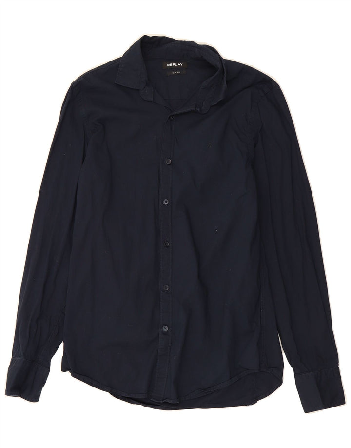 REPLAY Mens Slim Fit Shirt Large Navy Blue Cotton Vintage Replay and Second-Hand Replay from Messina Hembry 