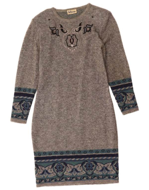 St. Georges Womens Long Sleeve Jumper Dress UK 12 Medium Grey Floral Wool