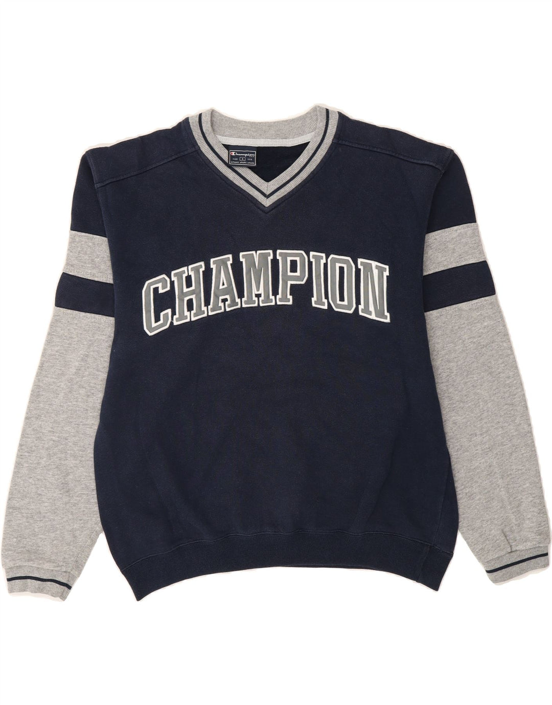 CHAMPION Mens Graphic Sweatshirt Jumper Small Navy Blue Colourblock Vintage Champion and Second-Hand Champion from Messina Hembry 