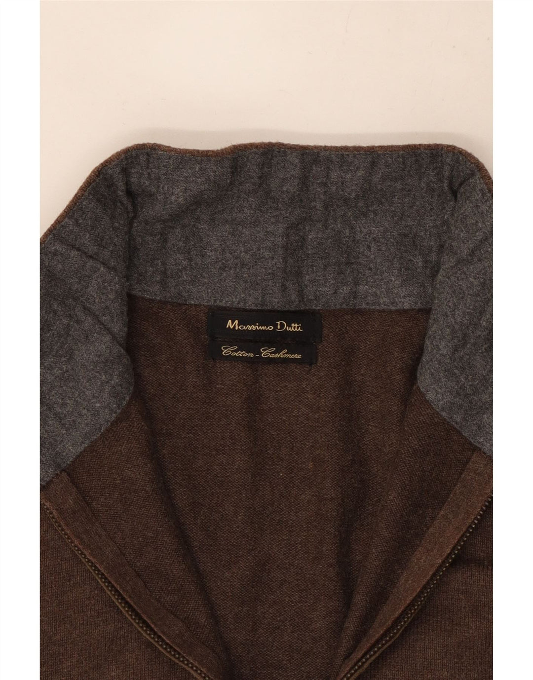 Massimo Dutti Herren-Pullover mit Reißverschluss am Hals, kleine braune Baumwolle