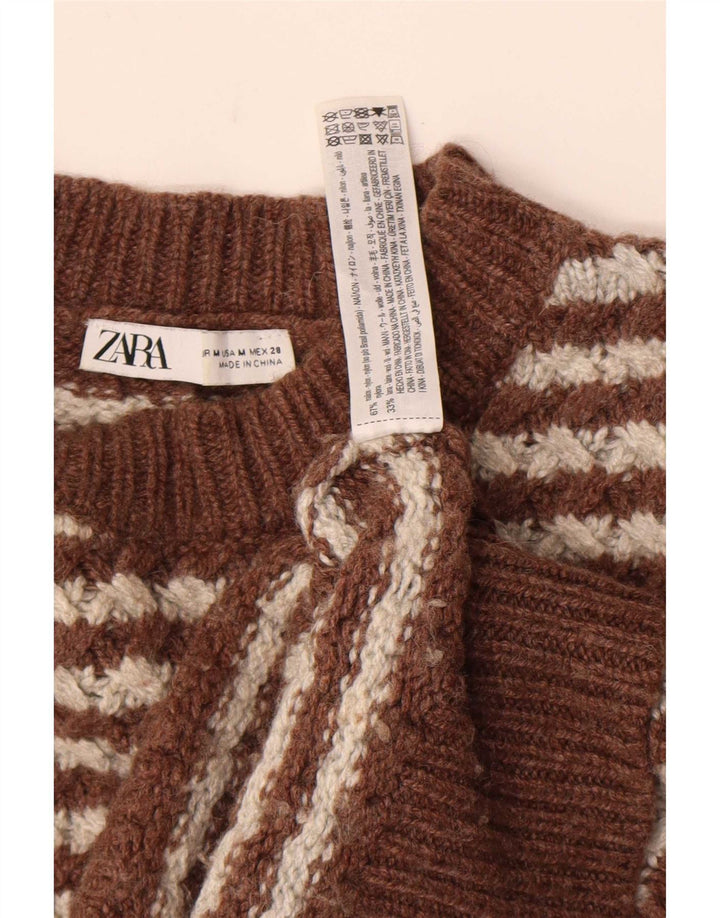 Zara Damen-Pullover mit Rundhalsausschnitt, UK 14, mittelbraun gestreift aus Nylon