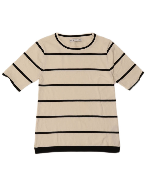 Zara Damen T-Shirt Top UK 12 Mittelweiß gestreift Viskose