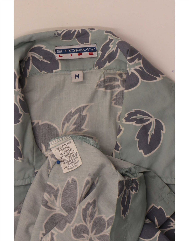 Vintage Herren-Kurzarmhemd aus mittelblauer, geblümter Baumwolle