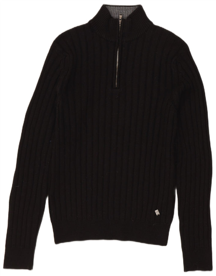 Rifle Herren-Pullover mit Reißverschluss am Hals, mittelschwarze Merinowolle