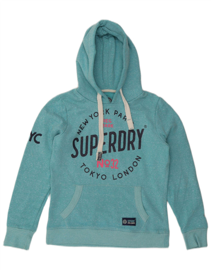SUPERDRY Damen London Graphic Hoodie Pullover UK 10 Small Blau meliert