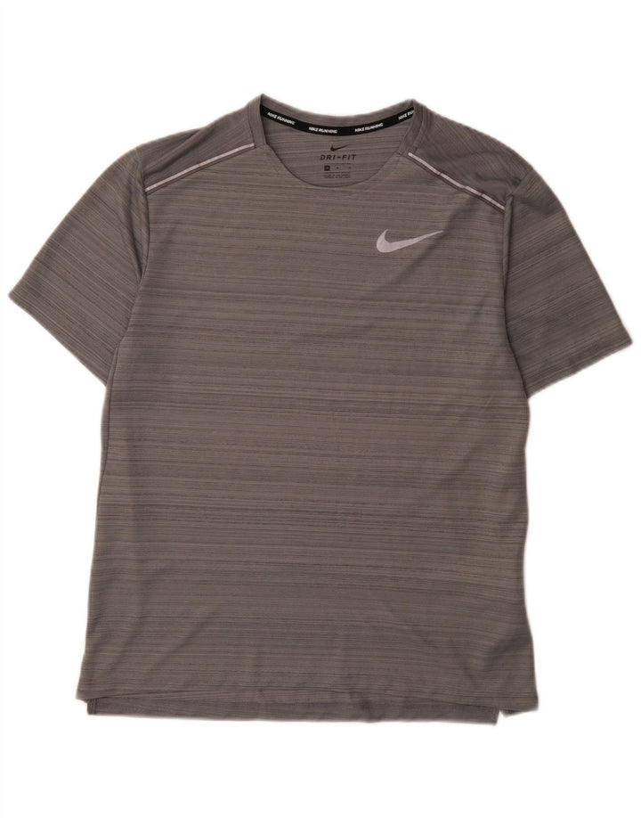 Nike Herren Dri Fit T-Shirt-Oberteil aus mittelgrau gestreiftem Polyester