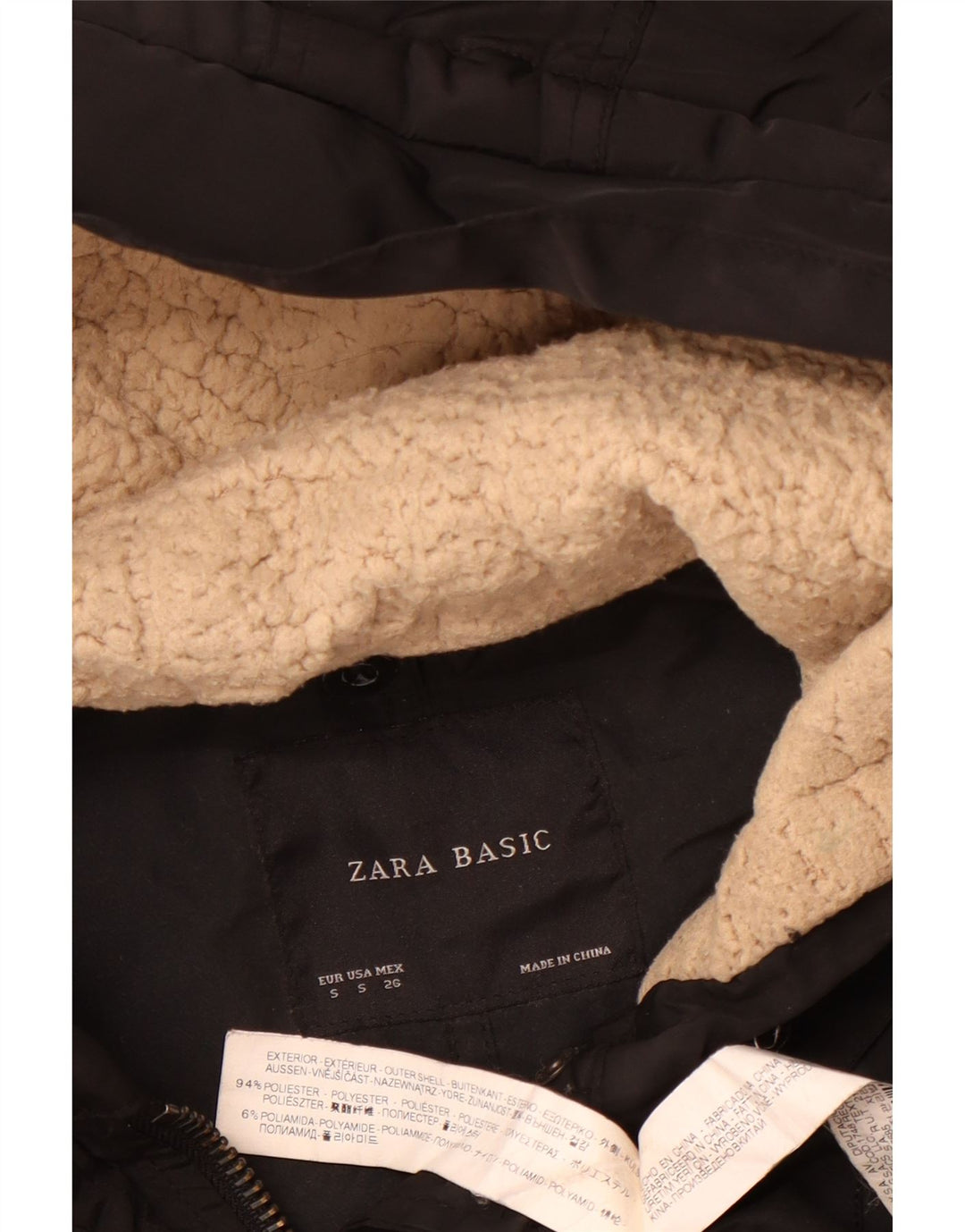 Zara Damen-Parka mit Kapuze, UK 10, Größe S, Schwarz, Polyester