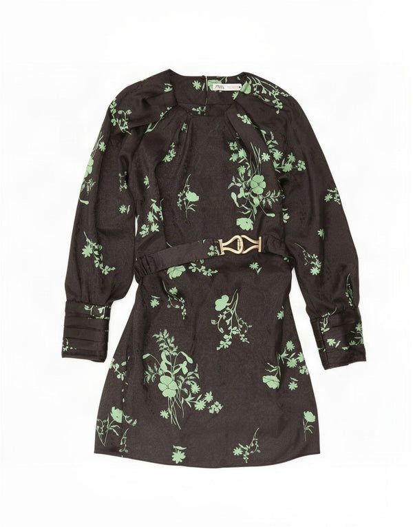 Langärmliges A-Linien-Kleid von Zara für Damen, UK 12, Mittelschwarz, Blumenmuster, Polyester