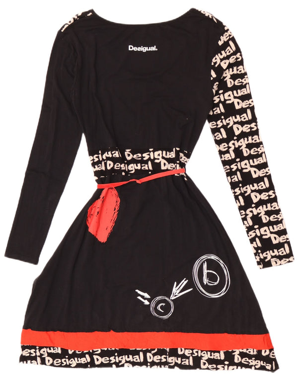 Desigual Damen Grafik-Langarm-A-Linien-Kleid UK 12 Mittelschwarze Viskose
