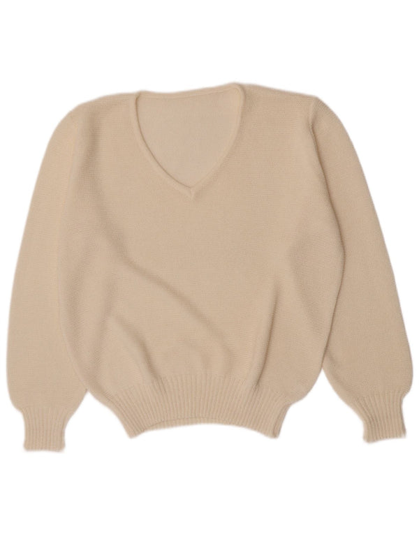 Vintage Damen Regular Fit V-Ausschnitt Pullover Pullover UK 10 Small Weiß Acryl