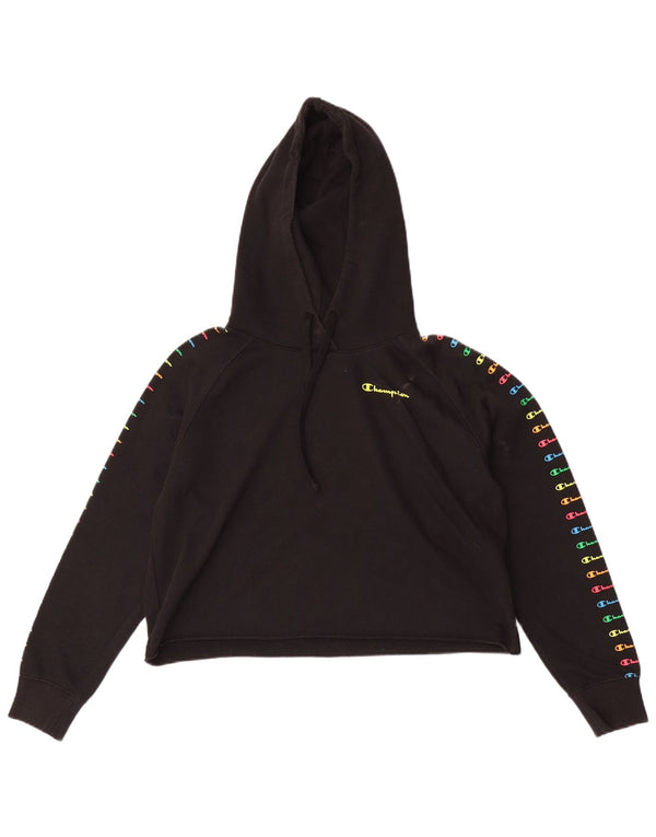 Champion Damen Crop Graphic Hoodie Pullover UK 10 Small Schwarz Baumwolle