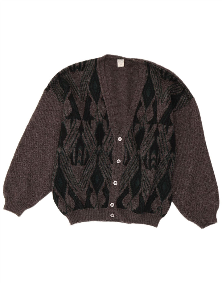 VINTAGE Herren-Cardigan-Pullover Mittelgraues Argyle/Diamant-Acryl
