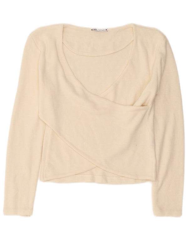 Zara Damen Crop Langarmbluse Top UK 10 Small Off White Viscose