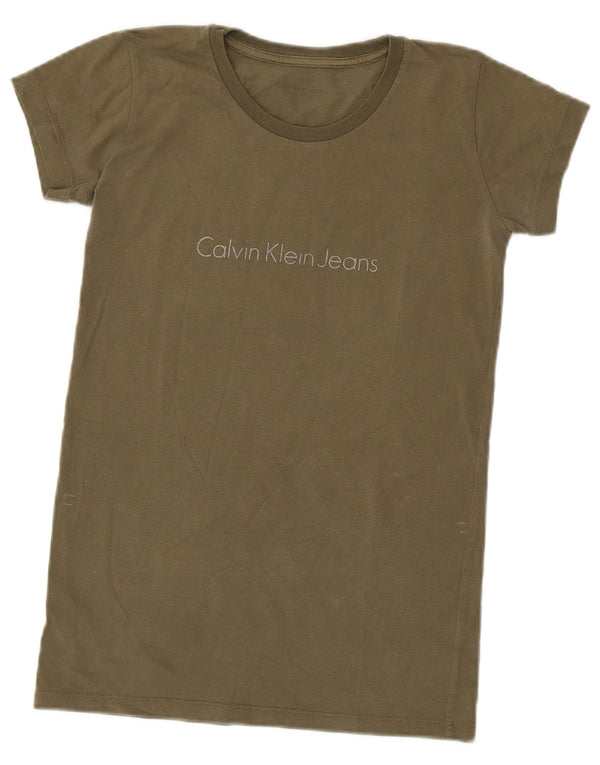 Calvin Klein Jeans Damen Grafik T-Shirt Top UK 10 Small Khaki