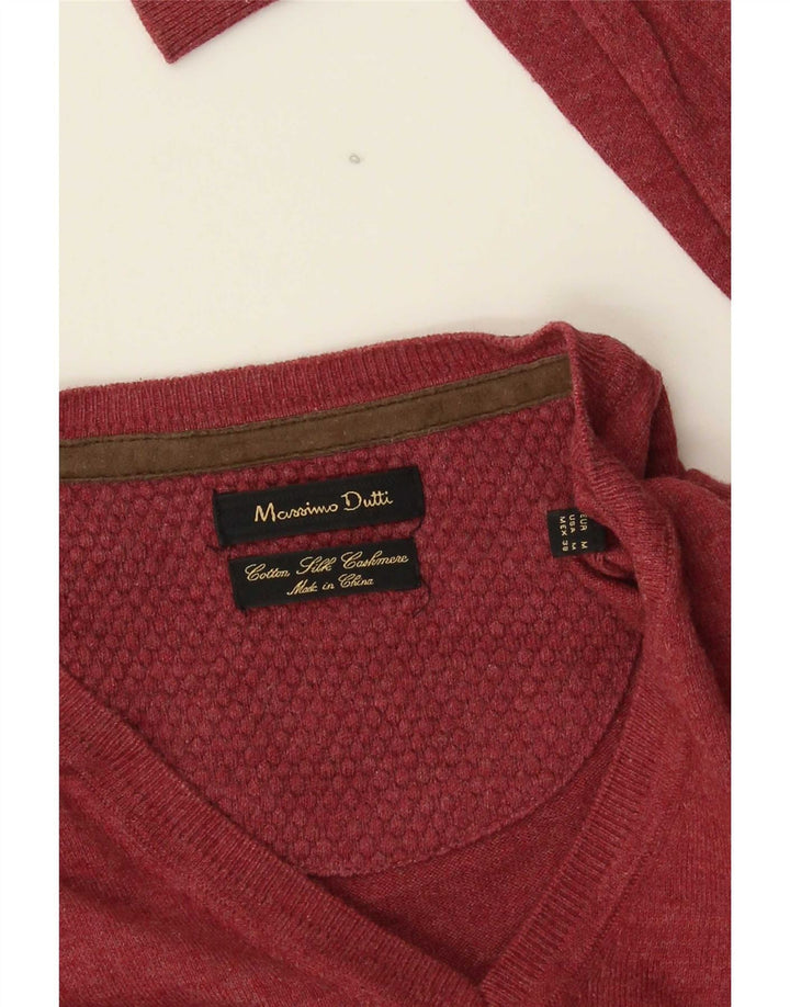 Massimo Dutti Herren-Pullover mit V-Ausschnitt, mittlerer burgunderroter Baumwolle