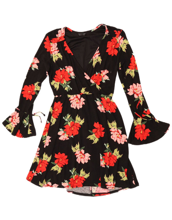Topshop Grafik-Langarm-A-Linien-Kleid für Damen, Gr. 10, Größe S, Schwarz, Blumenmuster