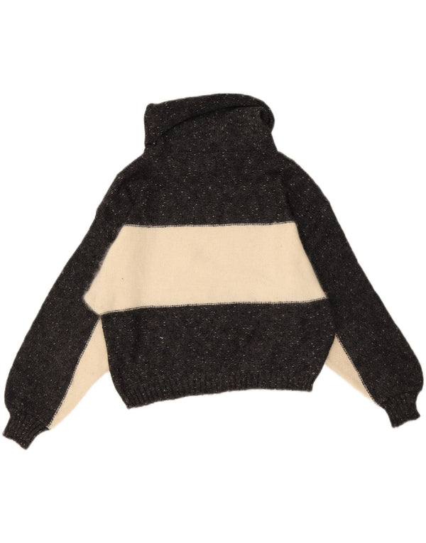 Vintage Damen Rollkragenpullover Pullover UK 14 Mittelschwarze Colourblock-Wolle