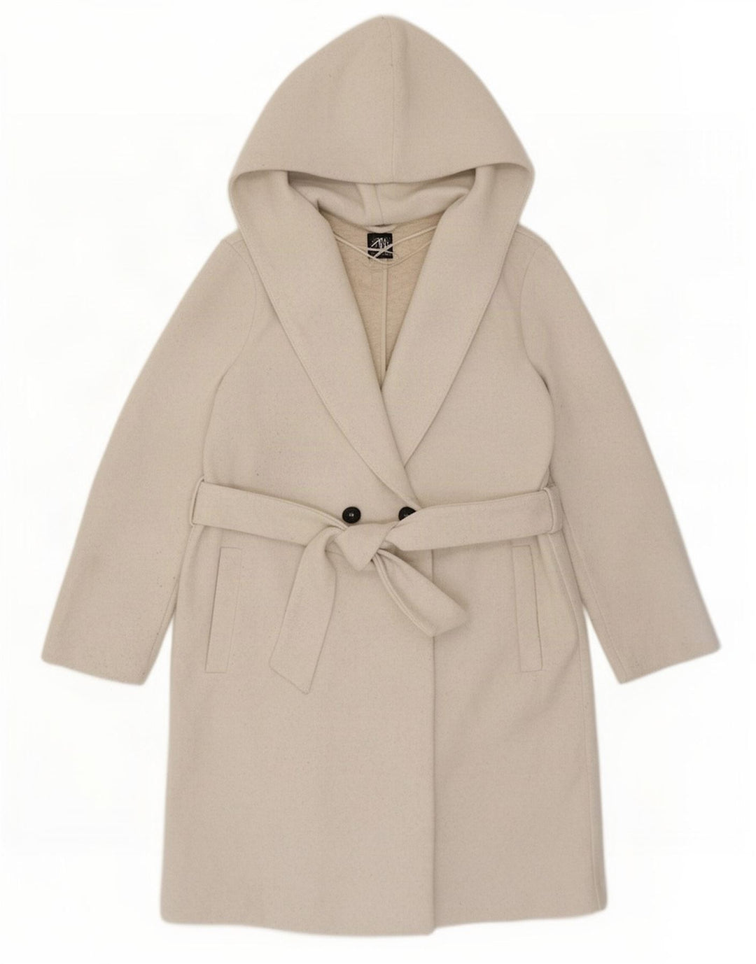 Übergroßer zweireihiger Mantel mit Kapuze von Zara für Damen, UK 10, Größe S, Beige