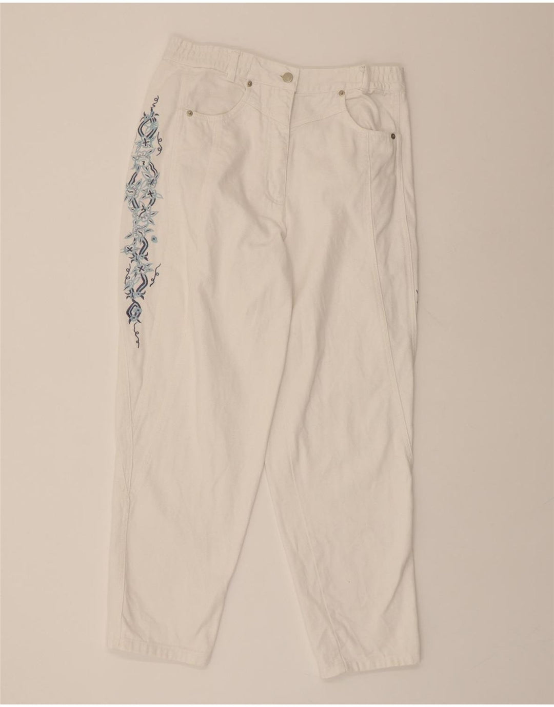 NO PROBLEM Womens Tapered Jeans UK 16 Large W30 L27 White Floral Vintage No Problem and Second-Hand No Problem from Messina Hembry 