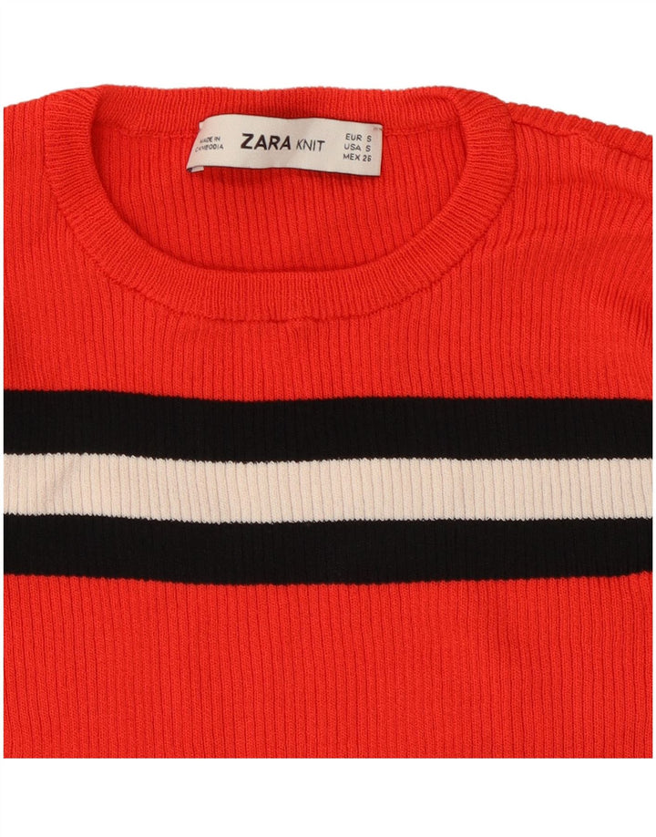 ZARA Damen Crop Pullover mit Rundhalsausschnitt, Gr. 8, klein, rot gestreift