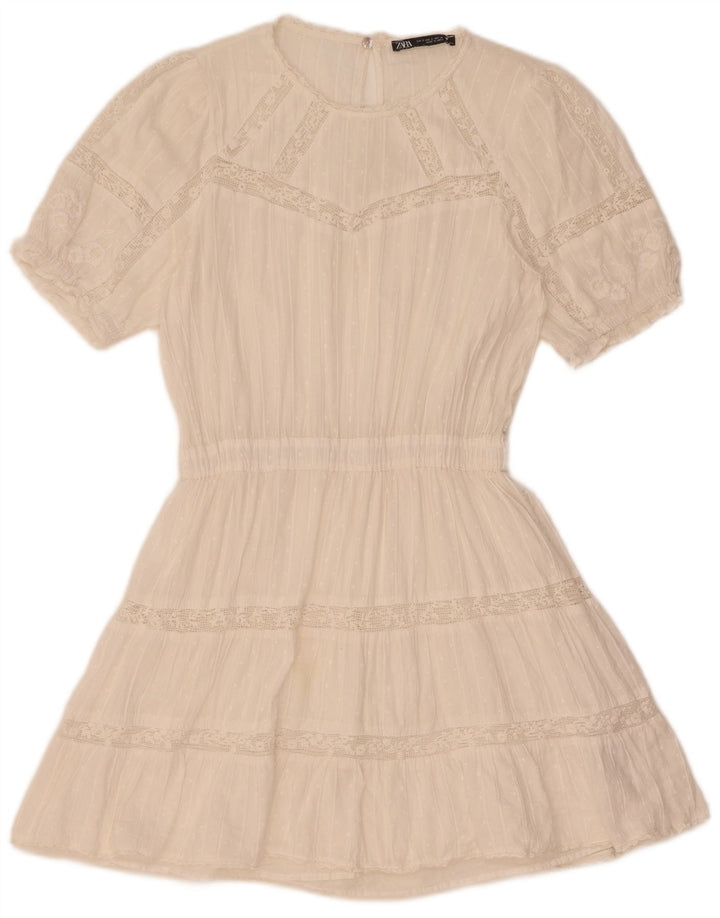 Zara Damen-Stufenkleid UK 10 Small Weiße Baumwolle