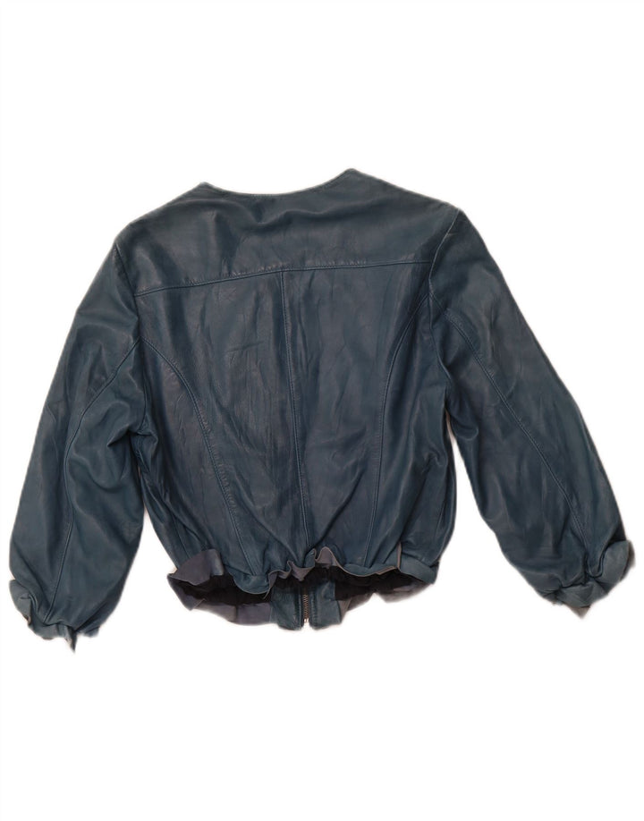 VINTAGE Damen Crop 3/4 Ärmel Lederjacke IT 44 Mittelblaues Leder