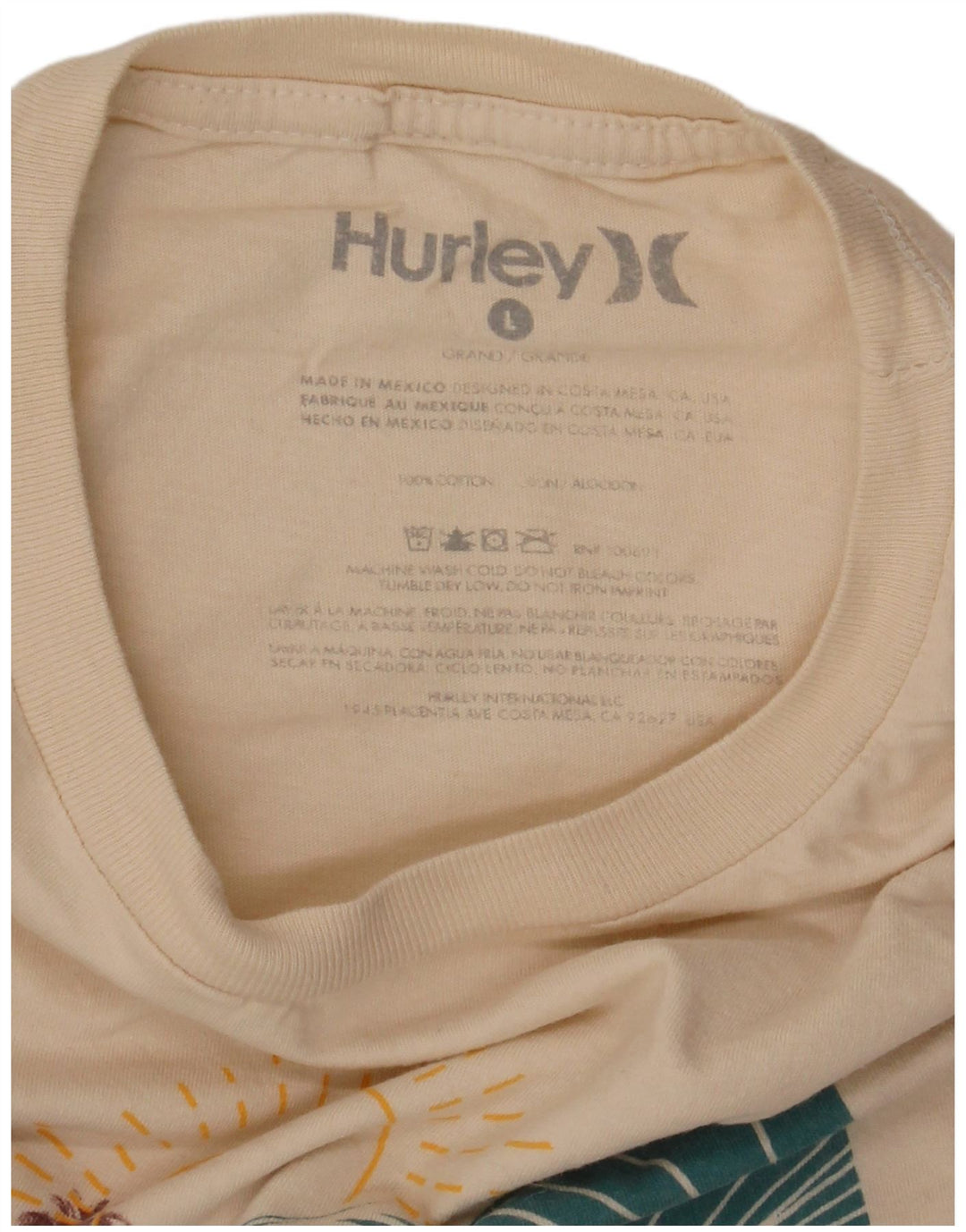 Hurley Herren-T-Shirt mit Grafik, Größe L, cremefarbene Baumwolle