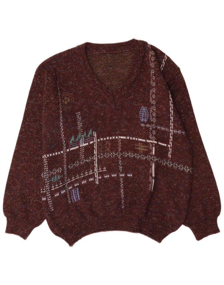 Vintage Herren Pullover mit V-Ausschnitt IT 48 Mittelbraunes geometrisches Polyacryl
