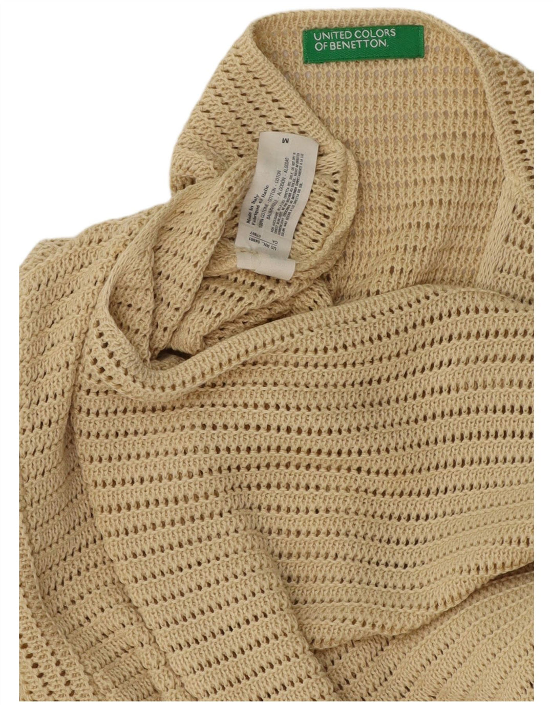 BENETTON Damen-Häkelpullover mit U-Boot-Ausschnitt, UK-Gr. 12, mittelbeige Baumwolle