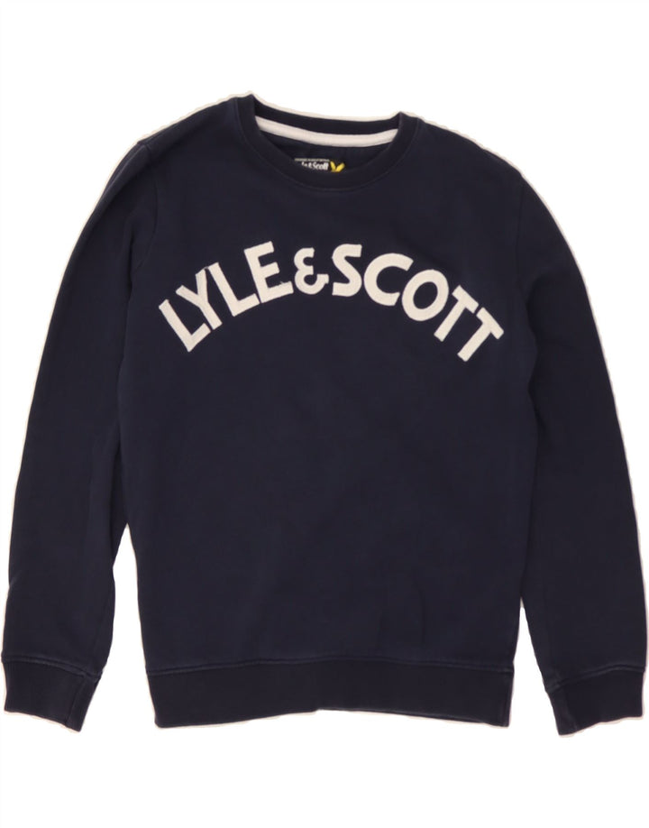LYLE & SCOTT Boys Graphic Sweatshirt Jumper 12-13 Years Navy Blue Cotton Vintage Lyle & Scott and Second-Hand Lyle & Scott from Messina Hembry 