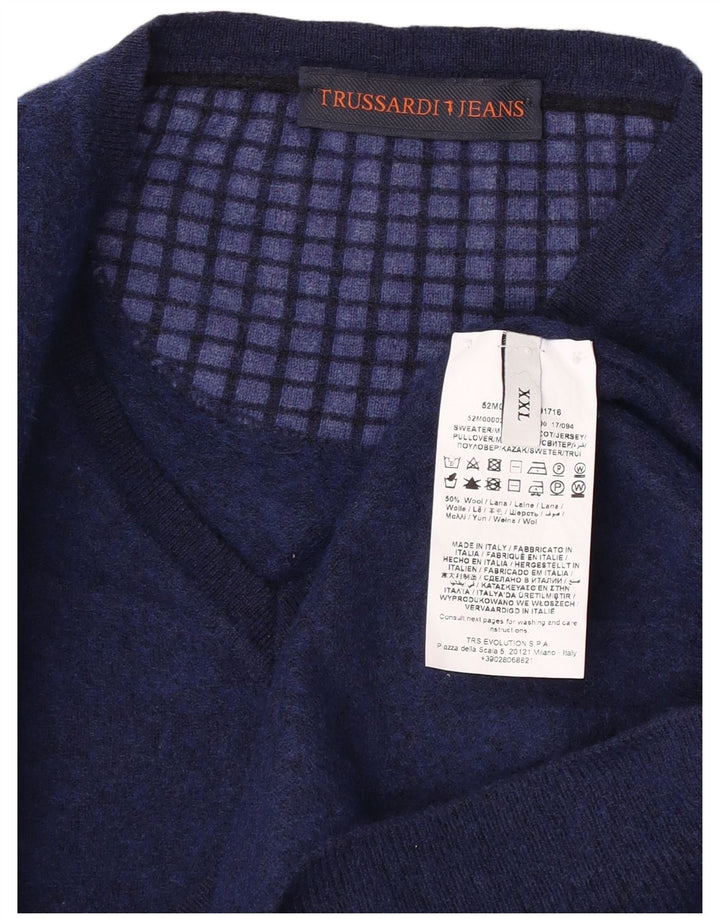 TRUSSARDI Herren-Pullover mit V-Ausschnitt, 2XL, marineblaue Wolle