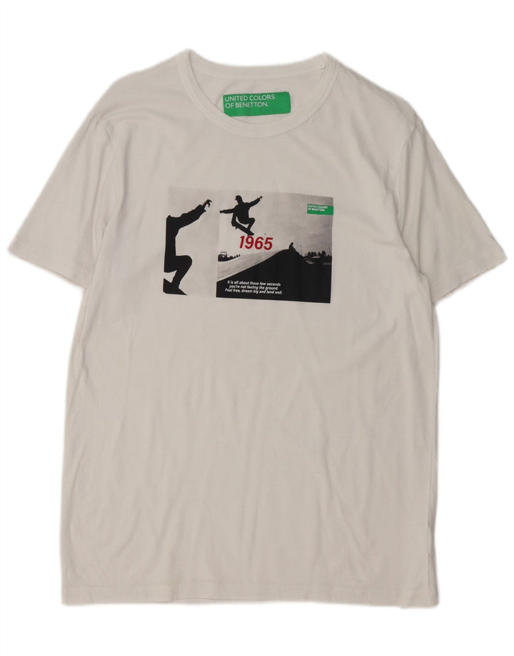 Benetton Herren-T-Shirt mit Grafik, Größe L, aus weißer Baumwolle