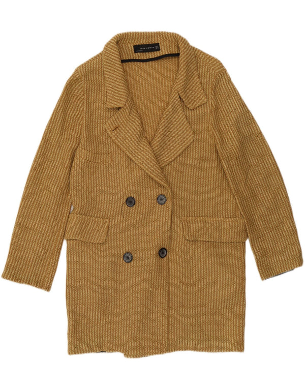 Zara Womens Knit Double Breasted Coat UK 10 Small Yellow Cotton