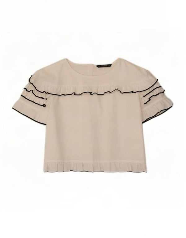 Zara Damen Crop Bluse Top UK 14 Large Weiße Baumwolle