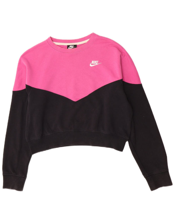 Nike Damen Crop Sweatshirt Pullover UK 16 Large Rosa Colourblock Baumwolle