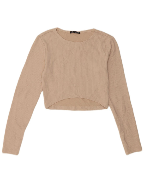 Zara Damen Crop Top Langarm UK 14 Large Beige Polyester