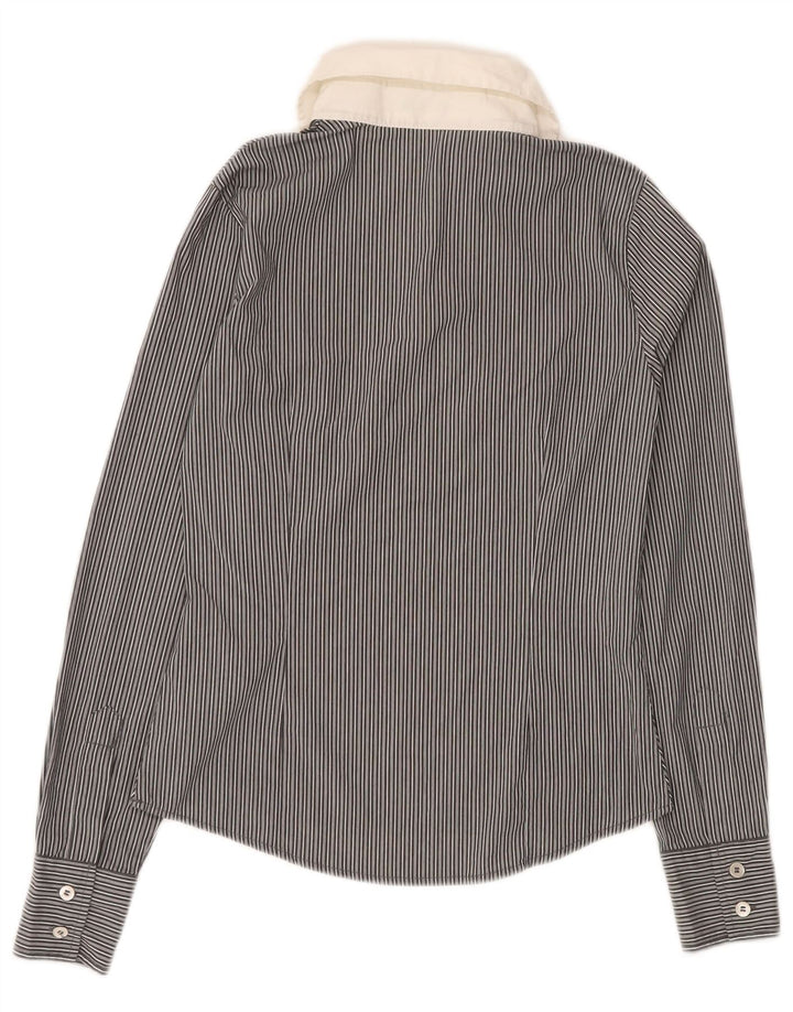 BENETTON Damen Pullover-Hemd UK 6 XS Schwarze Nadelstreifen-Baumwolle
