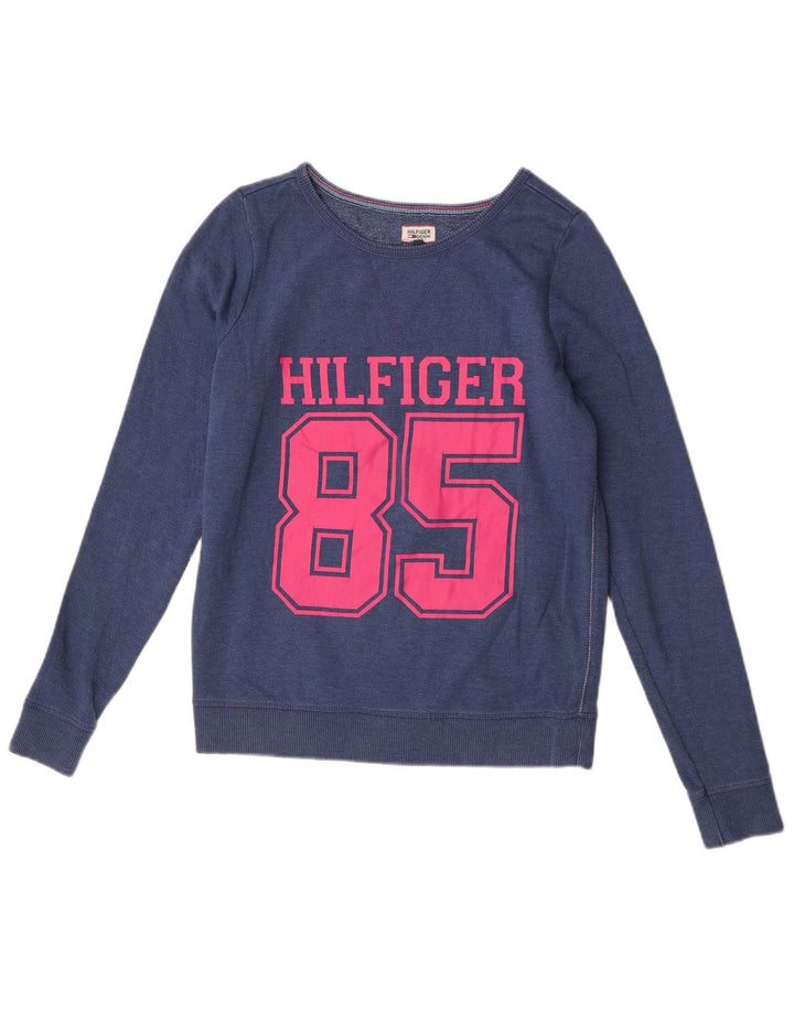 Tommy Hilfiger Damen Grafik-Sweatshirt-Pullover UK 14 Mittelblaue Baumwolle