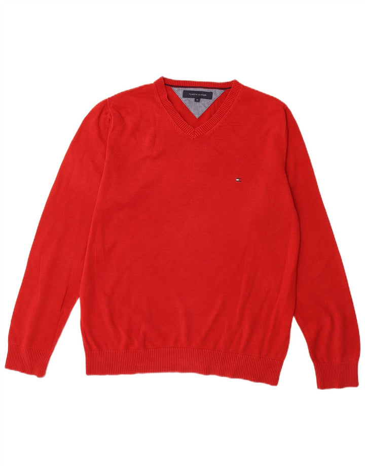 TOMMY HILFIGER Herren-Pullover mit V-Ausschnitt aus mittelroter Baumwolle