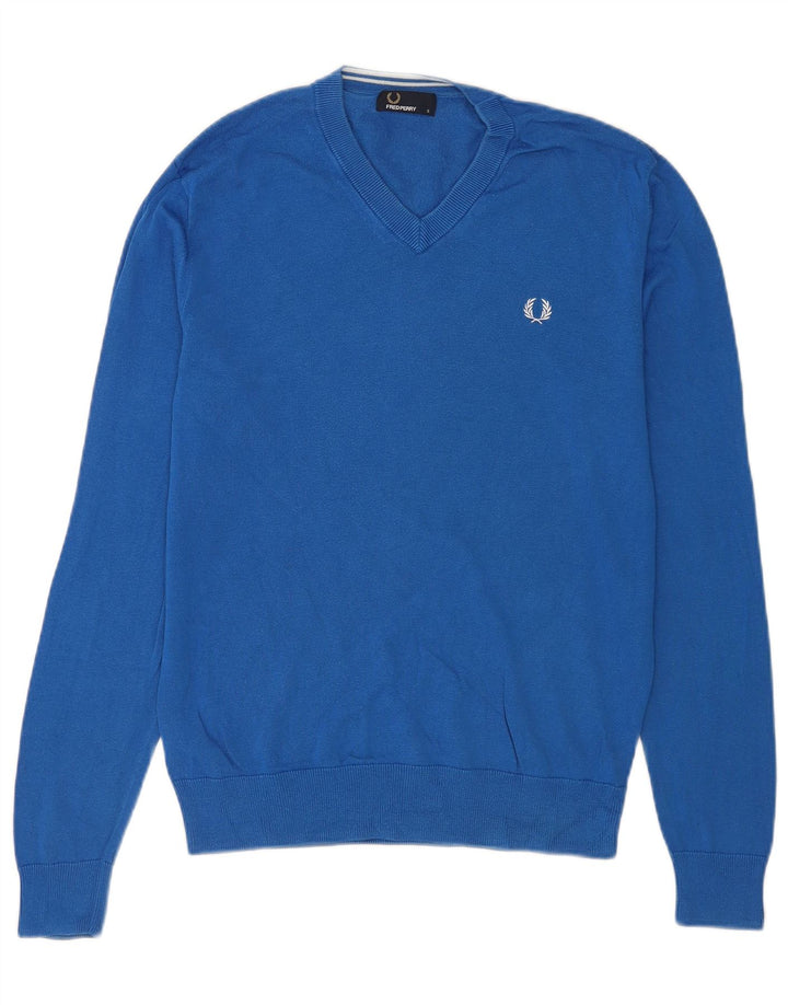 Fred Perry Herren-Pullover mit V-Ausschnitt, Größe S, blaue Baumwolle